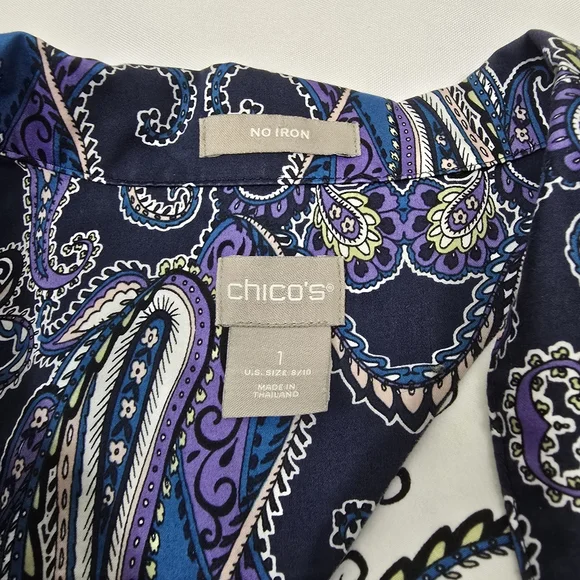Chico's Purple Paisley No Iron Cotton Hidden Buttons Tunic Boho Chic Preppy M - Picture 9 of 11